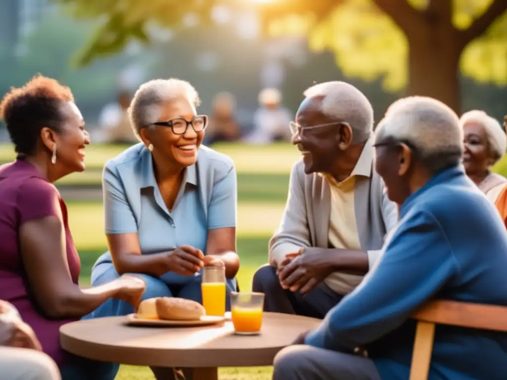 Un grupo de personas mayores de diversas culturas comparten una comida en el parque, mientras la luz del sol ilumina sus rostros. Las desigualdades económicas en la longevidad se reflejan en el horizonte de la ciudad, contrastando con la comunidad y sabiduría transmitida por los presentes.