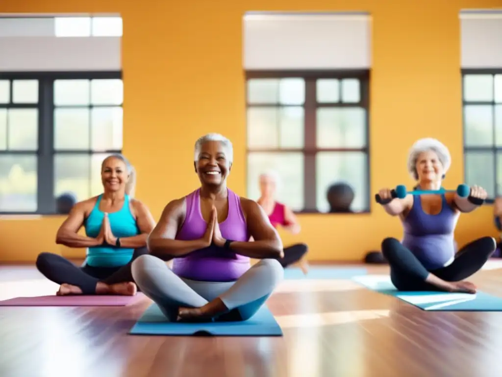 Un grupo de personas mayores diversas disfruta de rutinas de ejercicio para longevidad en un luminoso estudio de fitness, irradiando vitalidad y determinación.