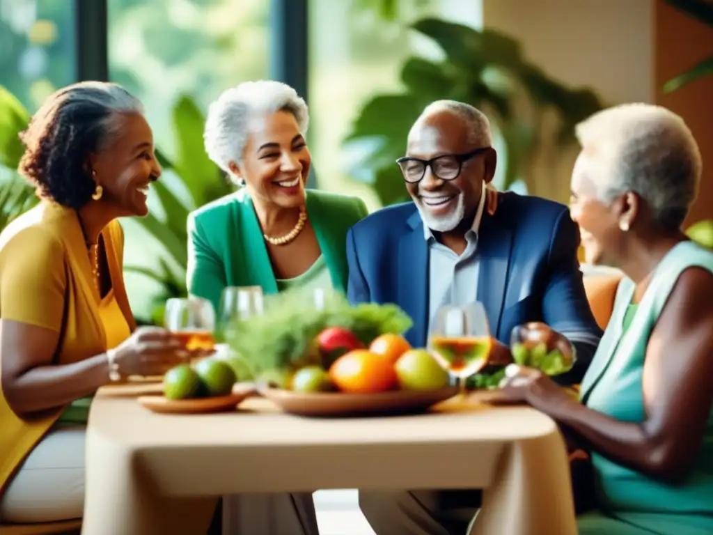 Un grupo de personas mayores diversas disfrutando de una animada conversación alrededor de una mesa bellamente preparada en un ambiente soleado y rodeado de vegetación exuberante y arquitectura moderna. Las vibrantes prendas de vestir y la comida fresca y saludable crean una atmósfera cálida y ac