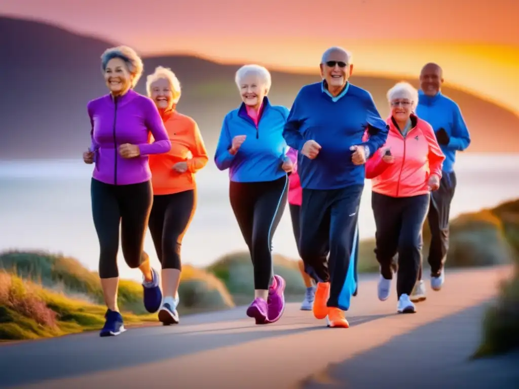 Un grupo de personas mayores haciendo ejercicio aeróbico para longevidad humana, caminando junto al mar al atardecer.