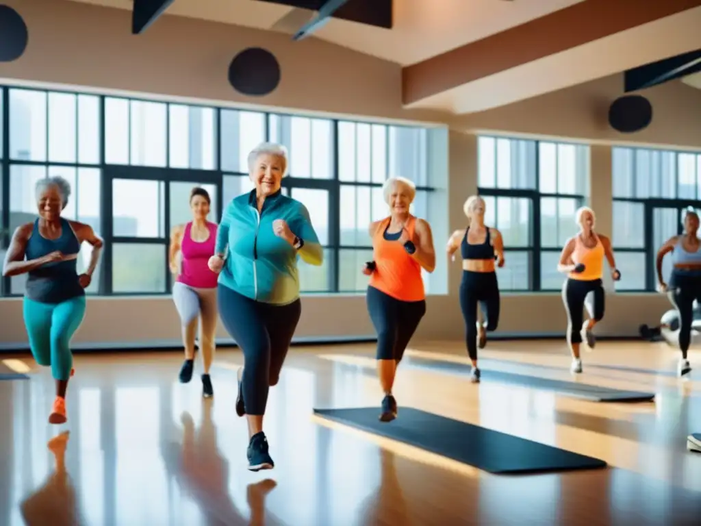 Un grupo de personas mayores realiza un entrenamiento de alta intensidad en un moderno centro de fitness, reflejando vitalidad y compromiso. <b>Beneficios del ejercicio de alta intensidad.