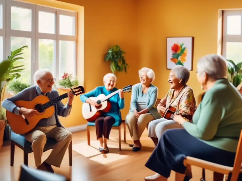 Grupo de personas mayores tocando instrumentos musicales en una habitación luminosa con arte y plantas. <b>Terapia musical para longevidad cognitiva.