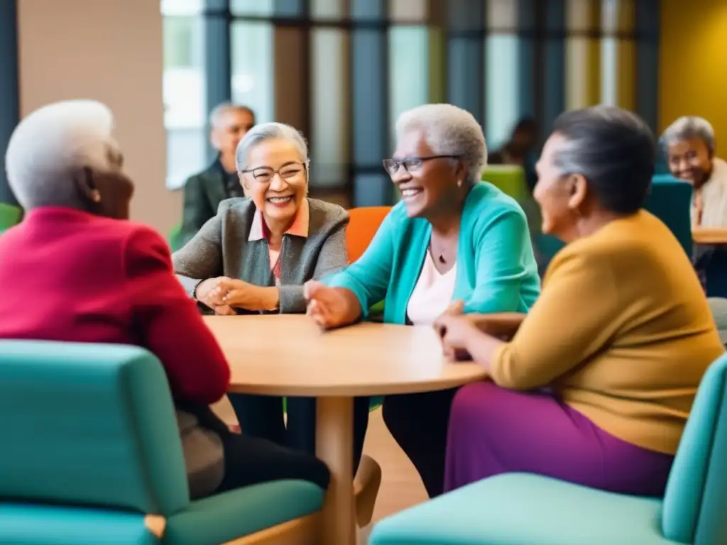 Un grupo de personas mayores de diferentes orígenes culturales se reúnen en un centro comunitario moderno y bien iluminado, disfrutando de una animada conversación y actividades sociales. El ambiente cálido y acogedor, lleno de colores vibrantes y muebles cómodos, refleja la diversidad del grupo