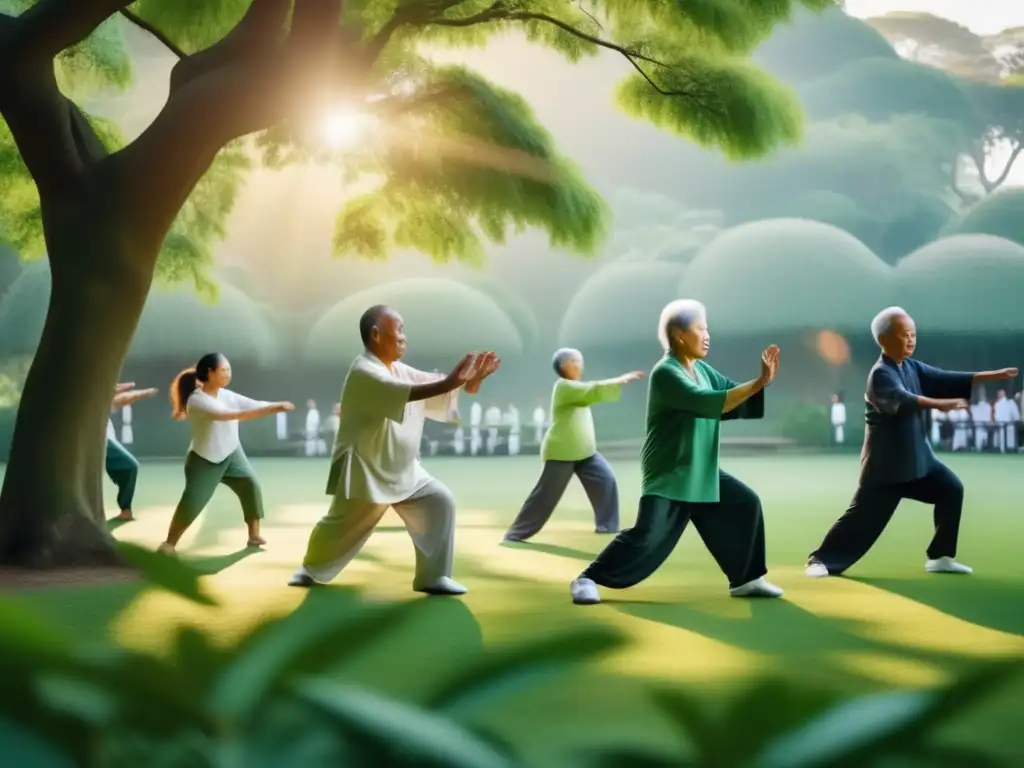 Un grupo de personas mayores practican tai chi en un parque verde y exuberante, irradiando paz y vitalidad. <b>Rutinas de ejercicio para longevidad.