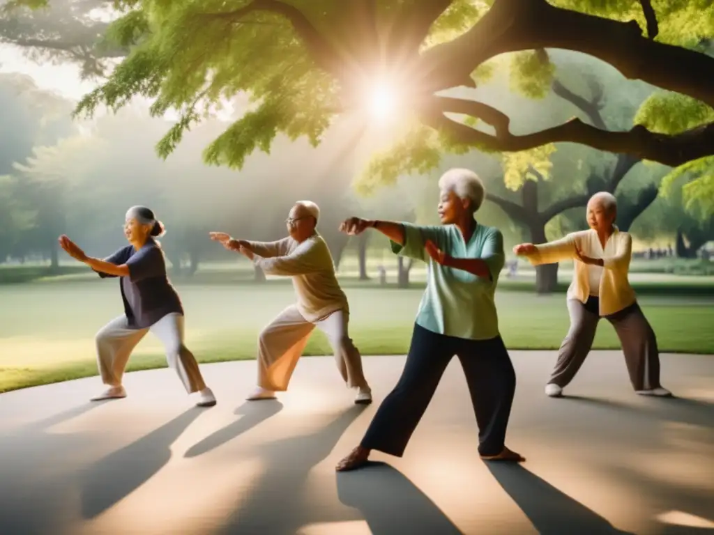 Un grupo de personas mayores practica tai chi en un parque sereno y soleado, rodeado de vegetación exuberante y flores. El ambiente es tranquilo y lleno de vitalidad, perfecto para promover inversiones para longevidad saludable.