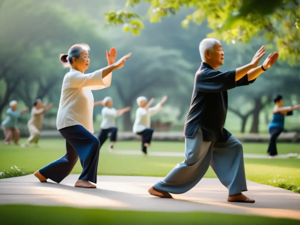 Un grupo de personas mayores practica tai chi en un parque sereno y soleado, rodeado de exuberante vegetación y flores. Sus movimientos fluidos capturan la paz y vitalidad, simbolizando la búsqueda eterna de bienestar y longevidad.