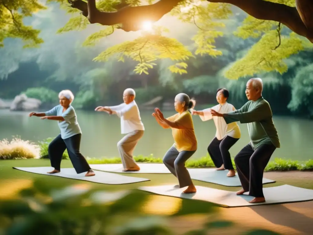 Un grupo de personas mayores practica tai chi en un parque sereno, irradiando paz y vitalidad. <b>Refleja la autonomía personal en la longevidad.