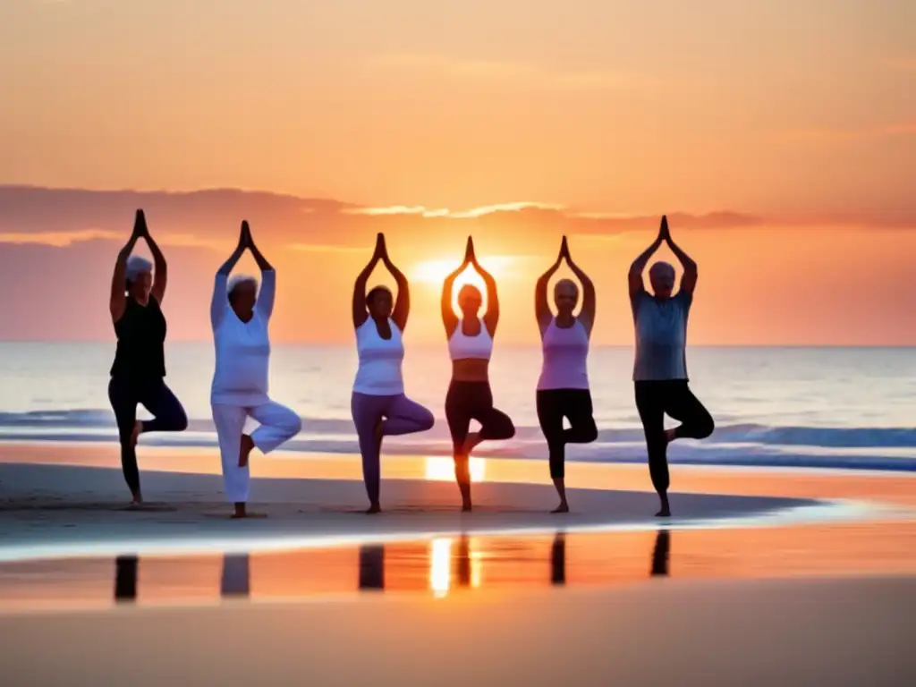 Un grupo de personas mayores practica yoga en la playa al amanecer, transmitiendo serenidad y fortaleza. <b>Beneficios viajes tercera edad longevidad.