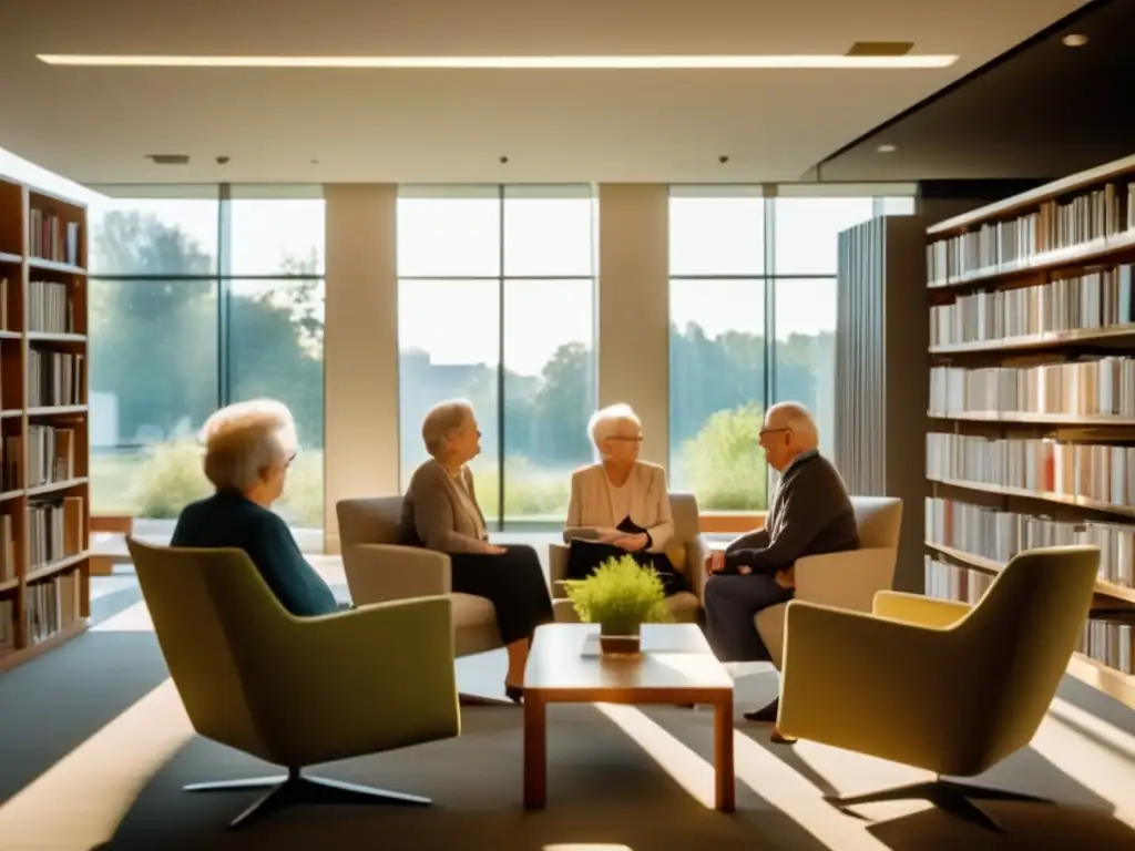 Un grupo de personas mayores disfrutan de una profunda conversación en una biblioteca moderna y llena de luz natural, rodeados de libros sobre filosofía y envejecimiento. La atmósfera es serena y llena de sabiduría, transmitiendo beneficios y desafíos de la longevidad humana