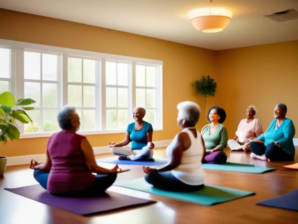 Un grupo de personas mayores participa en un programa de bienestar para longevidad, disfrutando de actividades como yoga, meditación y discusiones grupales en un ambiente cálido y acogedor, iluminado por luz natural.