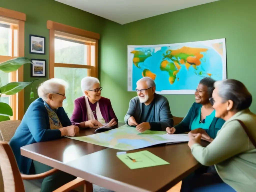 Un grupo de personas mayores reunidas en una sala acogedora discuten estrategias de adaptación al cambio climático. Se ven determinadas mientras abordan los desafíos que el cambio climático afecta a poblaciones envejecidas.