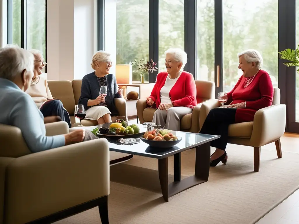 Un grupo de personas mayores disfruta de una reunión social en una moderna sala iluminada. <b>Comparten risas y vino tinto, destacando los efectos del consumo moderado de alcohol en longevidad.