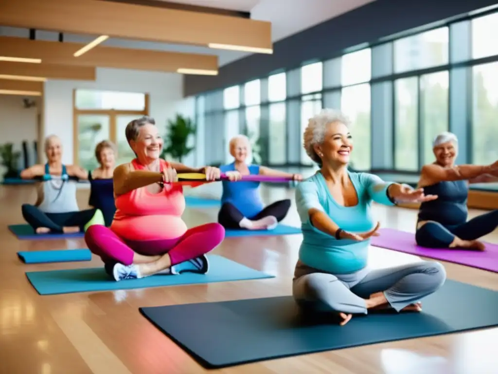 Un grupo de personas mayores en ropa deportiva de colores brillantes realizando ejercicios en un gimnasio moderno y bien iluminado. La atmósfera es vibrante y energética, con una sensación de inclusión y longevidad.