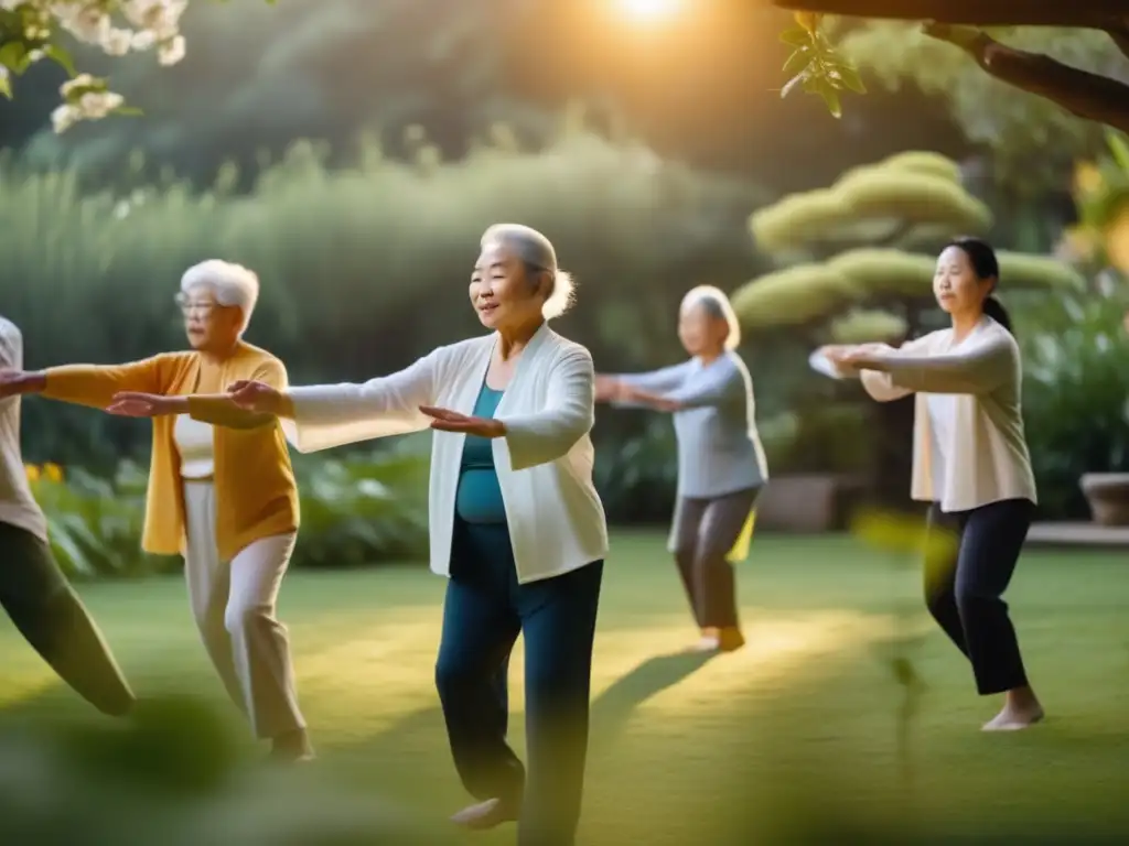 Un grupo de personas mayores practicando Qi Gong en un jardín sereno al amanecer, con movimientos fluidos y la luz dorada del alba. <b>Beneficios Qi Gong y Tai Chi.