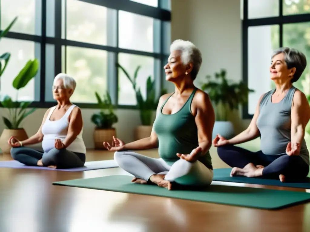 Un grupo de personas mayores participa en una sesión de yoga en un estudio sereno y soleado, rodeado de plantas verdes. <b>Visten ropa deportiva cómoda y ejecutan poses con precisión experta, irradiando serenidad y bienestar.</b> Programas de bienestar para longevidad