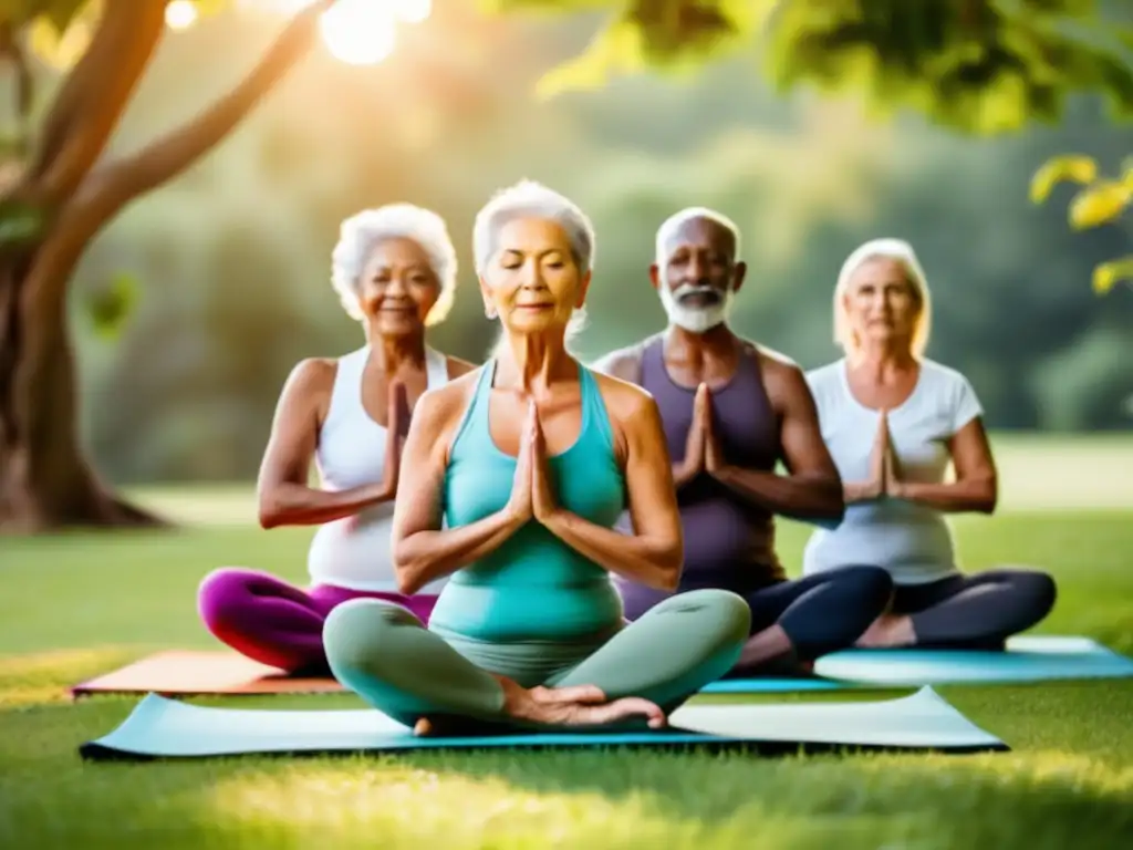 Un grupo de personas mayores disfrutando de una sesión de yoga al aire libre, rodeados de exuberante vegetación y un ambiente sereno. Los colores vibrantes de sus esterillas de yoga contrastan con los tonos terrosos del entorno natural, creando una sensación de armonía y tranquilidad. La imagen captura la