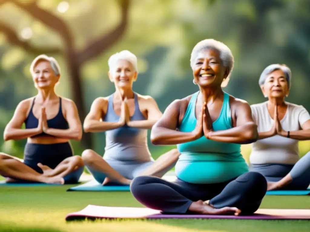 Un grupo de personas mayores disfruta de una sesión de yoga al aire libre, rodeados de exuberante vegetación y bañados por cálida luz solar. Sus expresiones serenas reflejan paz y contento, mientras sus movimientos fluidos irradian fuerza y vitalidad. La imagen captura la esencia del envejecimiento activ