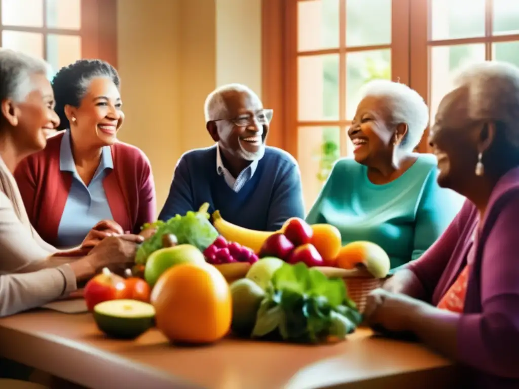 Un grupo de personas mayores sonrientes y diversos disfrutan de una animada discusión alrededor de una mesa llena de frutas y verduras coloridas, iluminados por la cálida luz del sol. Las expresiones vivaces y los colores vibrantes transmiten vitalidad y comunidad, mientras que el entorno moderno y ac