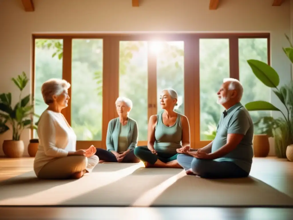 Un grupo de personas mayores practican técnicas mindfulness para superar ansiedad envejecimiento en una habitación luminosa con vegetación exuberante.