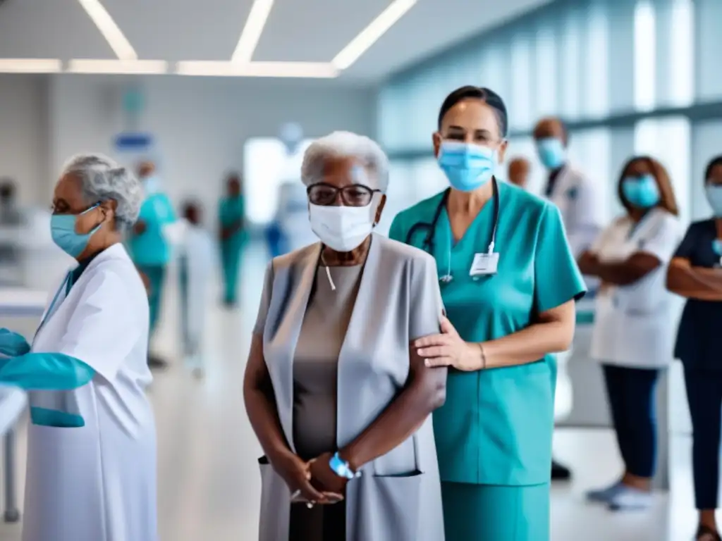 Un grupo de personas mayores recibe vacunas en una instalación médica moderna, transmitiendo esperanza y determinación. <b>Prevención enfermedades crónicas inmunización futura.