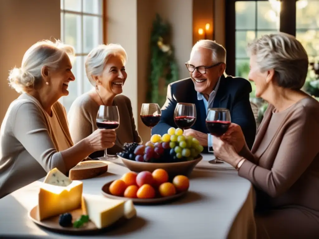 Un grupo de personas mayores brindando con vino tinto en una sala soleada, llenos de alegría y camaradería. <b>Consumo moderado de alcohol longevidad.