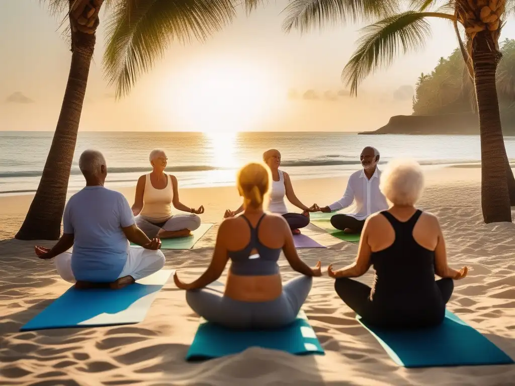 Un grupo de personas mayores practicando yoga en una playa soleada y serena, con el cálido sol dorado iluminando sus rostros sonrientes. <b>Las olas azules y las palmeras verdes completan la escena tranquila y rejuvenecedora.</b> <b>Beneficios del sol para longevidad.