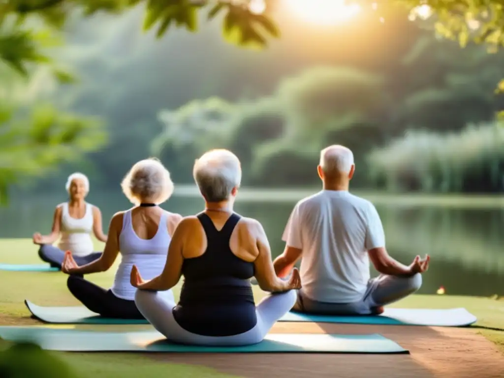 Un grupo de personas mayores practican yoga al aire libre en un entorno natural, rodeados de vegetación exuberante y un estanque tranquilo. El sol proyecta un cálido resplandor dorado sobre la escena, creando una atmósfera pacífica y serena. Los participantes están en diversas posturas de