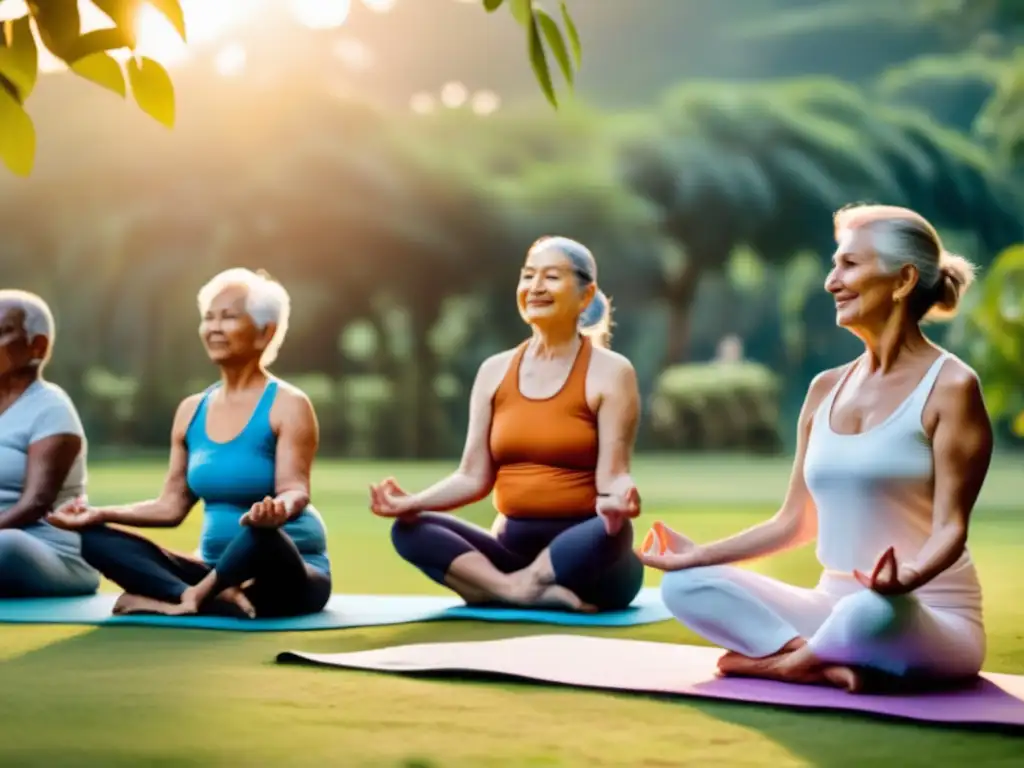 Un grupo de personas mayores practican yoga al aire libre rodeados de naturaleza, irradiando serenidad y vitalidad. Prácticas de yoga para longevidad