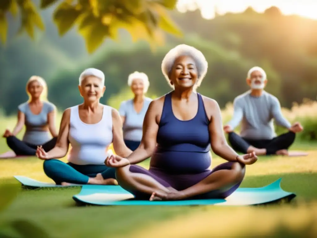 Un grupo de personas mayores practicando yoga al aire libre, rodeados de vegetación exuberante y bañados por la luz dorada del sol. Sus expresiones serenas reflejan paz interior y resiliencia, mientras sus movimientos gráciles irradian fuerza y vitalidad. La imagen capta la esencia de promover la res