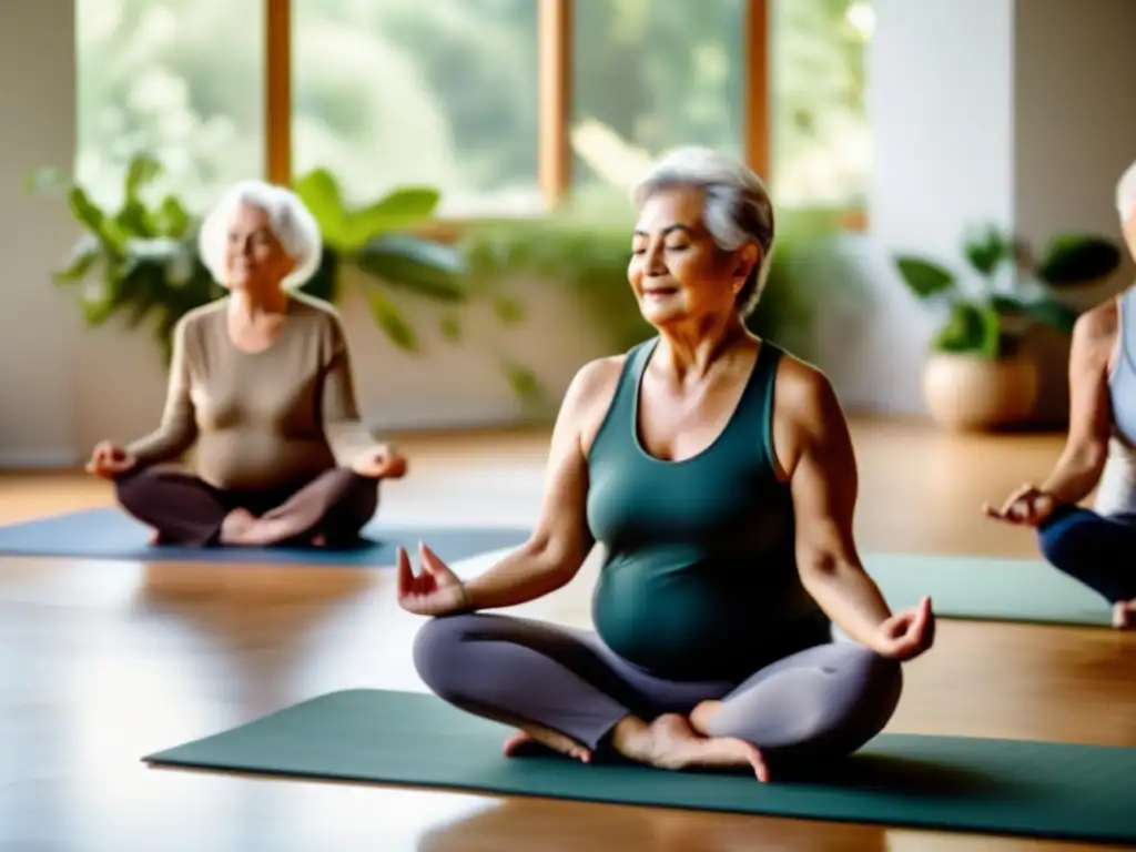 Un grupo de personas mayores practicando yoga en un estudio sereno y luminoso, rodeado de exuberante vegetación y tonos terrosos. <b>Refleja sabiduría y fuerza en la práctica, capturando la esencia de 'Consejos para una longevidad saludable'.