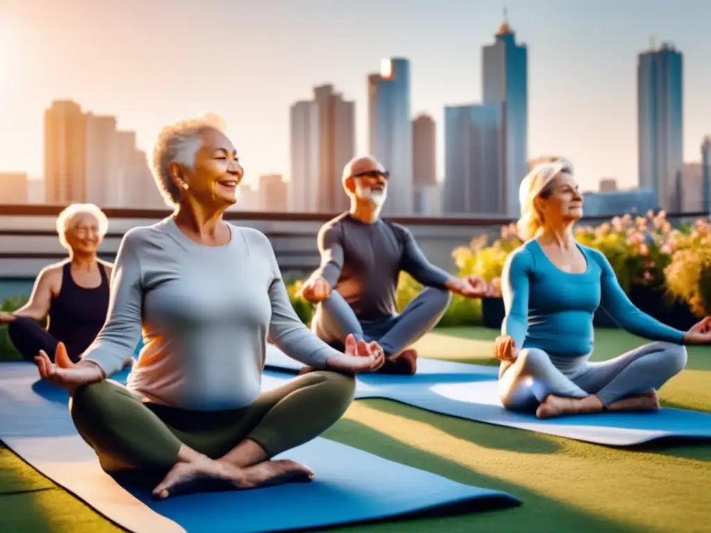 Un grupo de personas mayores practicando yoga en un jardín de azotea verde exuberante, rodeados de edificios altos y paneles solares, con un cielo azul claro y el sol poniéndose en el fondo, creando un brillo cálido y dorado sobre la escena. Los ancianos