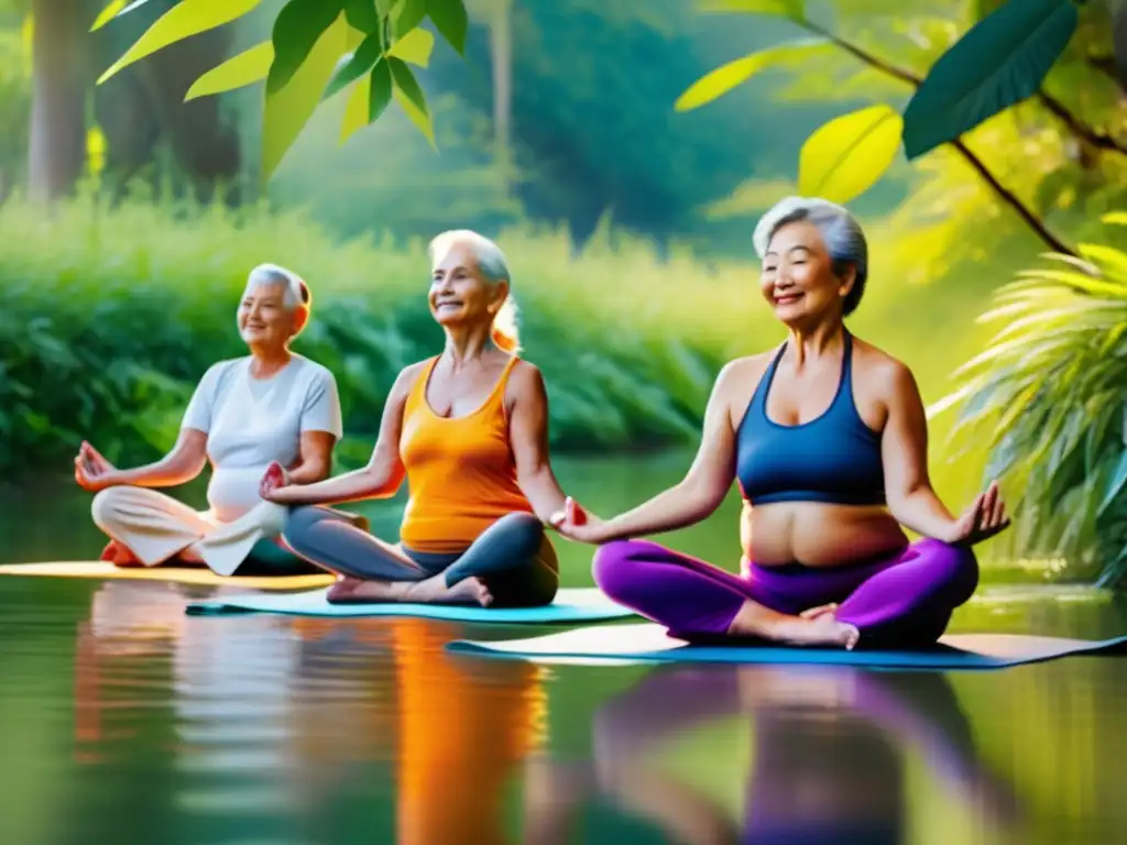 Un grupo de personas mayores practicando yoga al aire libre en un entorno natural, transmitiendo vitalidad y paz interior, reflejando los efectos del alcohol en longevidad.