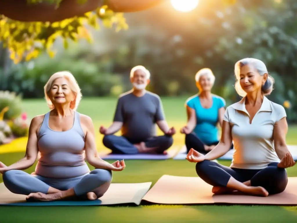 Grupo de personas mayores practicando yoga en un jardín sereno, rodeados de exuberante vegetación y flores vibrantes. El sol se pone, creando un cálido resplandor dorado sobre la escena mientras realizan graciosamente diversas posturas, transmitiendo fuerza, equilibrio y flexibilidad. La imagen