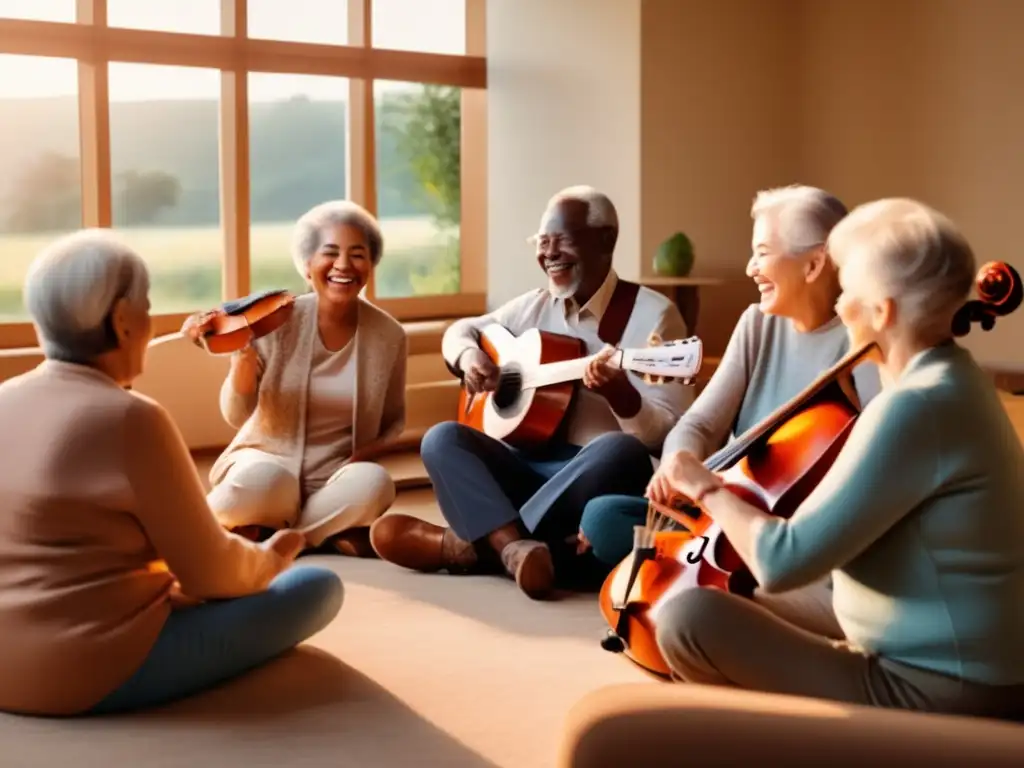 Un grupo de personas de la tercera edad toca instrumentos musicales juntos, creando una atmósfera de alegría y vitalidad. <b>La sala iluminada y espaciosa con vistas a un paisaje natural transmite una sensación de paz y conexión.</b> La imagen celebra el poder terapéutico de la música en