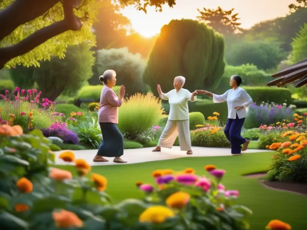 Un grupo de personas de la tercera edad practica tai chi en un jardín soleado y sereno, transmitiendo esperanza y calma en el manejo del duelo.