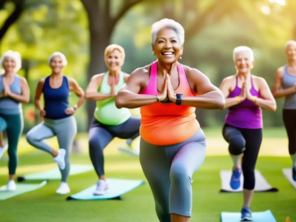 Un grupo de personas de la tercera edad participa en una clase de ejercicio al aire libre, con un ambiente enérgico y positivo, mostrando estrategias de coaching para una tercera edad activa.