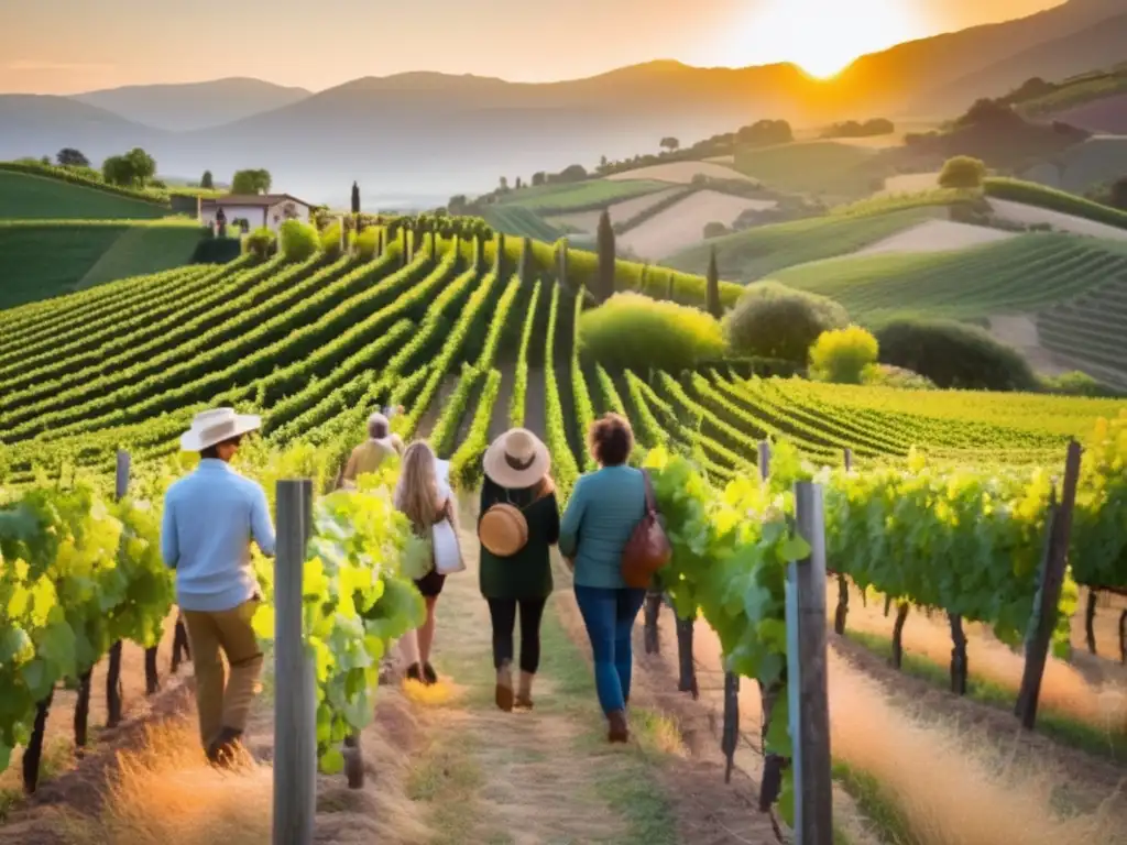 Un grupo disfruta de tours de salud poder antioxidante entre viñedos al atardecer, con una cálida luz dorada sobre el paisaje.