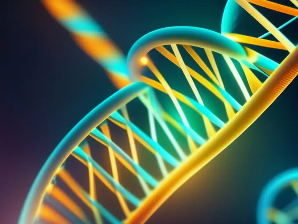 Dos helicoides de ADN entrelazados, brillando con luz bioluminiscente. <b>Detalles ultraprecisos y colores vibrantes.</b> Estudios longitudinales en gemelos longevidad.