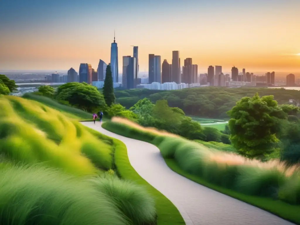 Un hermoso paisaje verde con un sendero que lleva a una vibrante ciudad al atardecer. <b>Personas haciendo actividades al aire libre.</b> <b>Planificación retiro longevidad saludable.