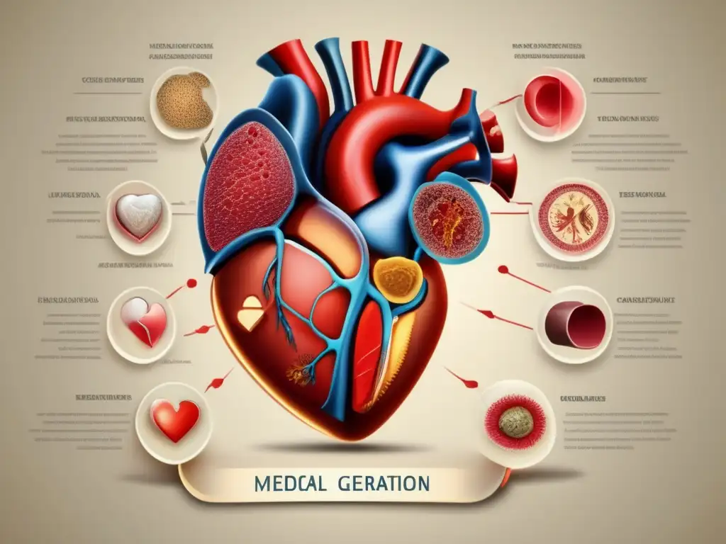 Ilustración histórica detallada en 8k que muestra la evolución de la regeneración de tejido cardíaco a lo largo de la historia, destacando avances en enfermedades cardíacas.