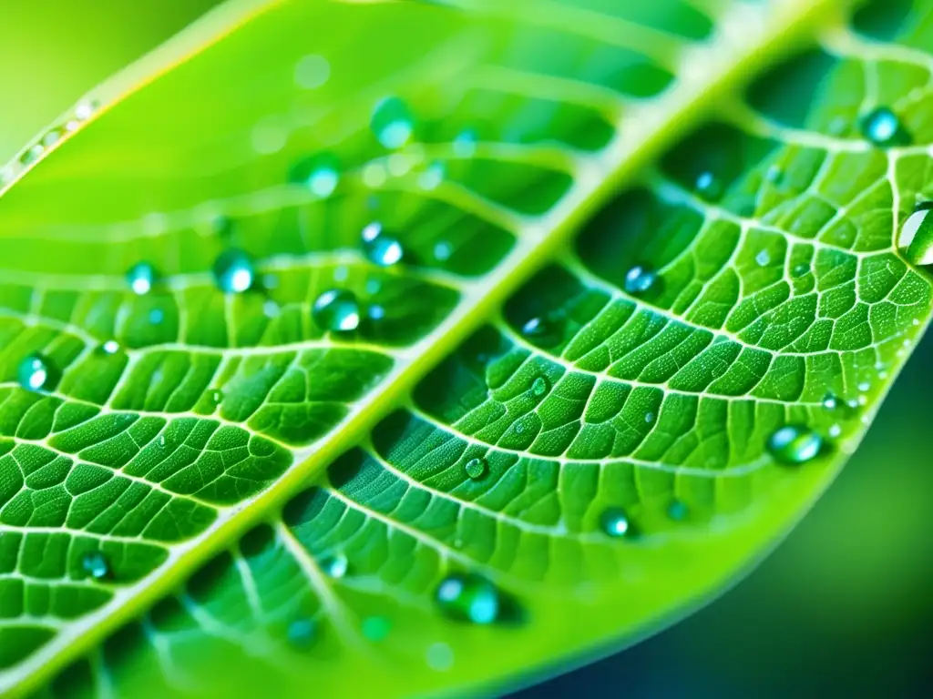 Una hoja verde vibrante con patrones de venas y gotas de rocío, iluminada por la luz suave, contrasta con un laboratorio científico. <b>Beneficios de la coenzima Q10 para longevidad.