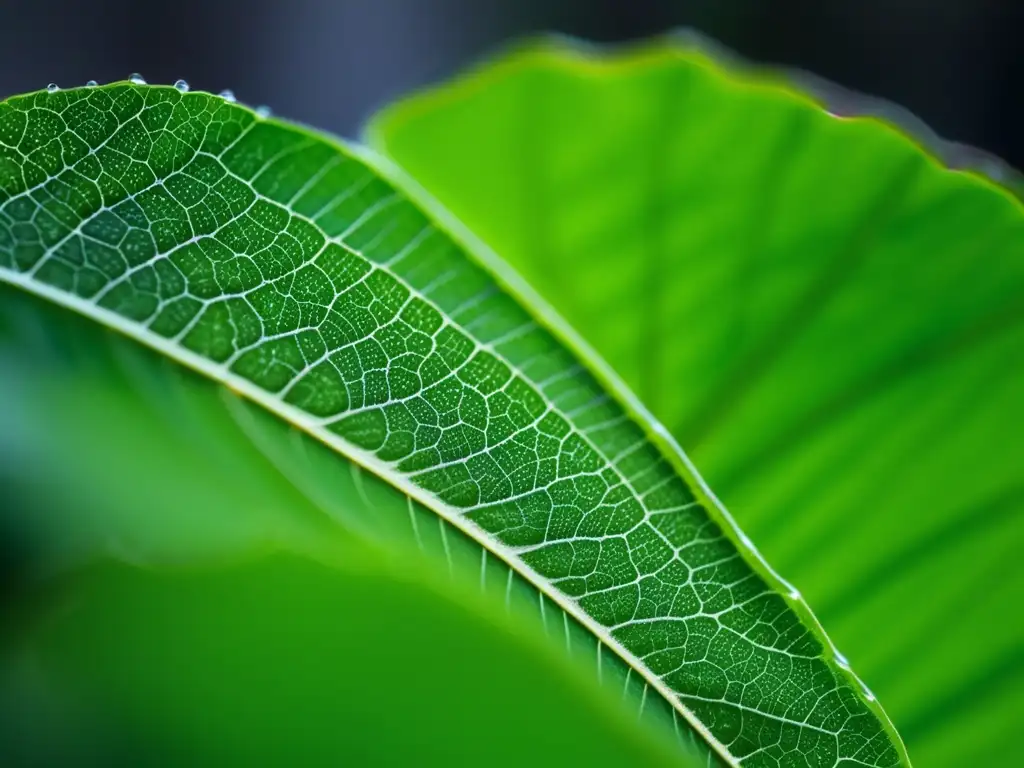 Una hoja verde vibrante con venas delicadas capturando la luz del sol. <b>Detalles impresionantes para aumentar la longevidad saludable.