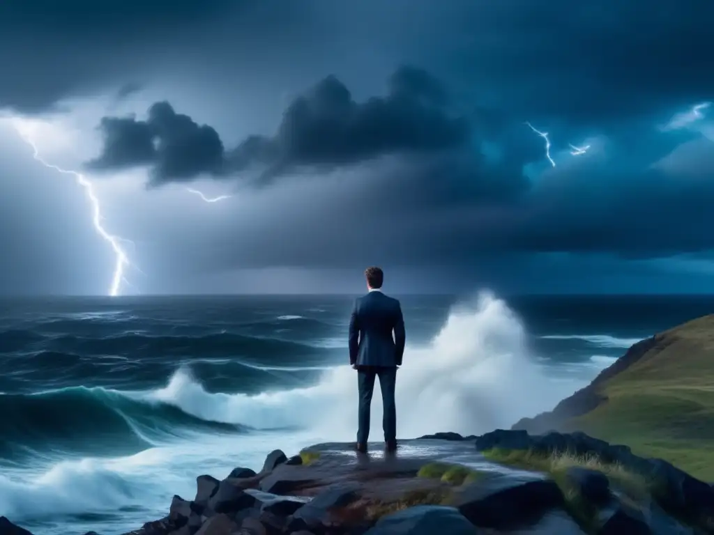 Un hombre de negocios enfrenta el mar tormentoso en un acantilado, mostrando determinación. <b>Coaching para transiciones vitales.