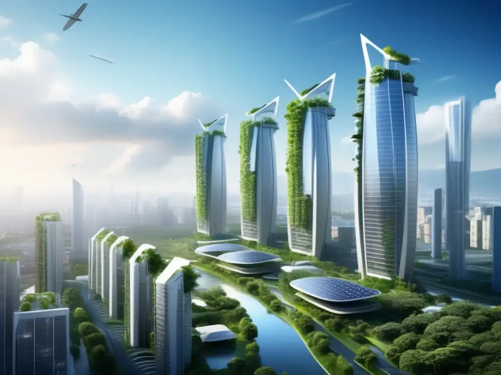 Un horizonte futurista y sereno con rascacielos sostenibles, jardines verticales y energía renovable. <b>Importancia de adaptación al cambio climático.