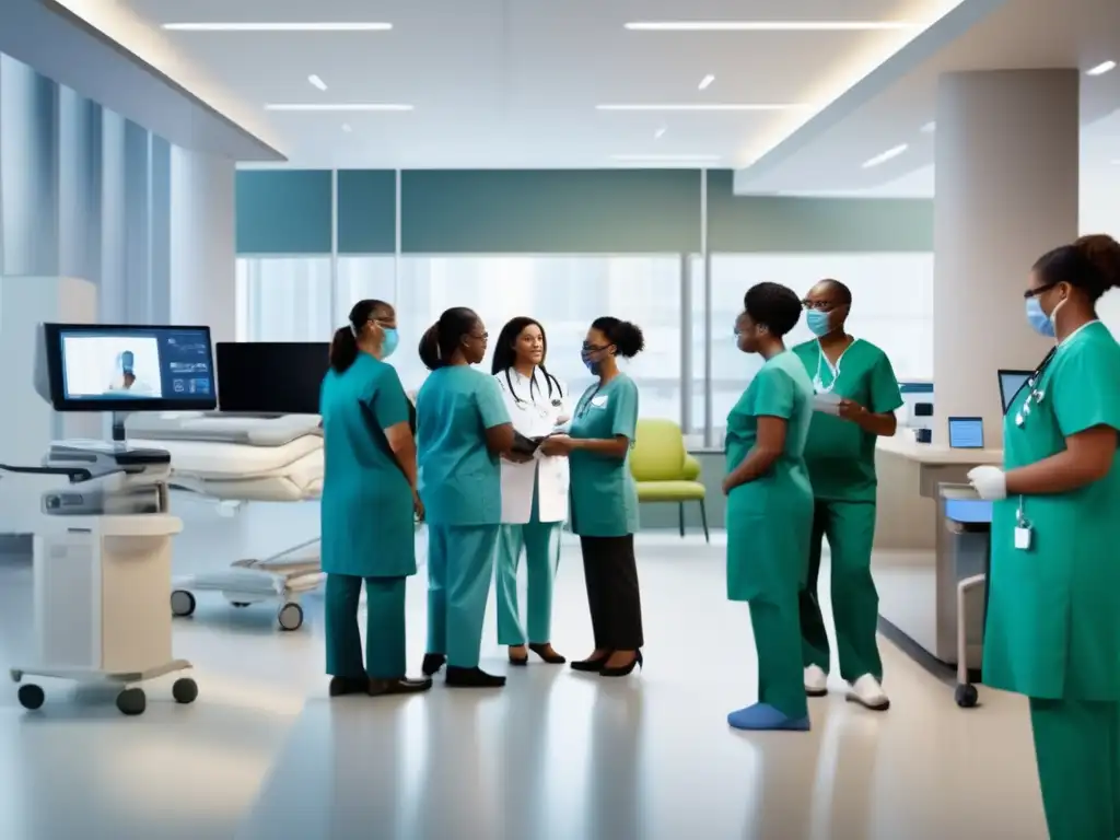 Un hospital moderno con avanzada tecnología médica y un equipo diverso brindando atención. <b>Refleja avances tecnológicos y desigualdades en salud.