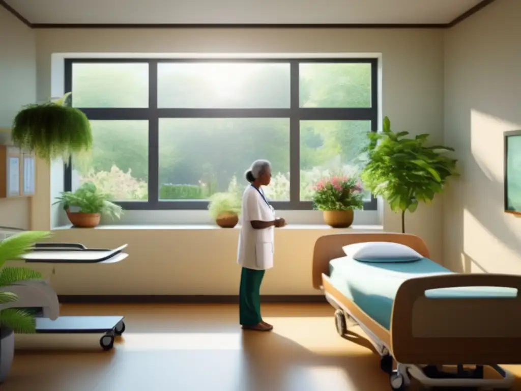 Un hospital moderno y sereno con grandes ventanas que dan a un jardín tranquilo. <b>Una habitación llena de luz natural, cama cómoda, arte relajante en las paredes, plantas.</b> <b>Profesional de la salud compasivo habla con paciente mayor.</b> <b>Atmosfera empática y respetuosa.</b> D