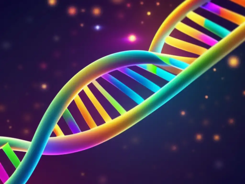 Una ilustración detallada de una estructura de doble hélice de ADN con colores vibrantes y brillantes representa componentes genéticos relacionados con el envejecimiento y la longevidad. La imagen muestra detalles intrincados de los pares de bases de nucleótidos, con un enfoque específico en los