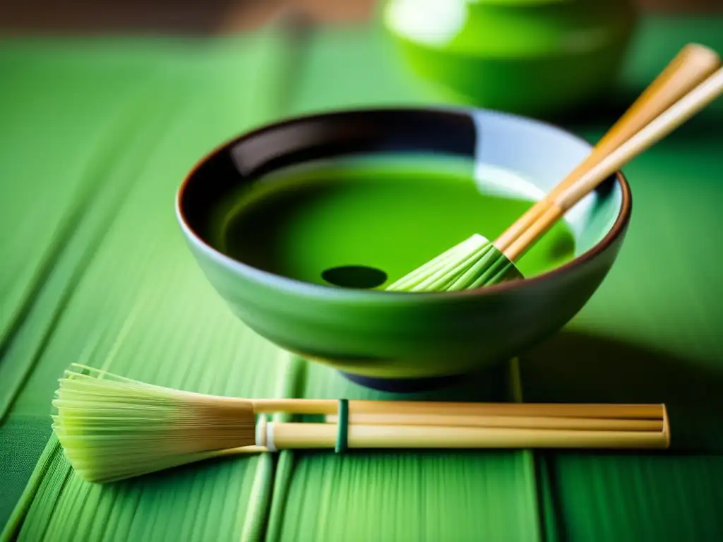 Una imagen de la ceremonia japonesa del té matcha, con un cuenco de cerámica lleno de polvo verde vibrante y un batidor de bambú. La luz natural resalta el color esmeralda del matcha, evocando tranquilidad y bienestar. <b>Beneficios del matcha para longevidad.