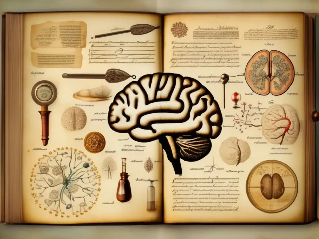 Una imagen detallada de un antiguo texto médico sobre la enfermedad de Alzheimer, rodeado de herramientas médicas vintage. Pergamino envejecido y caligrafía transmiten la larga historia y búsqueda de conocimiento en la investigación del Alzheimer.