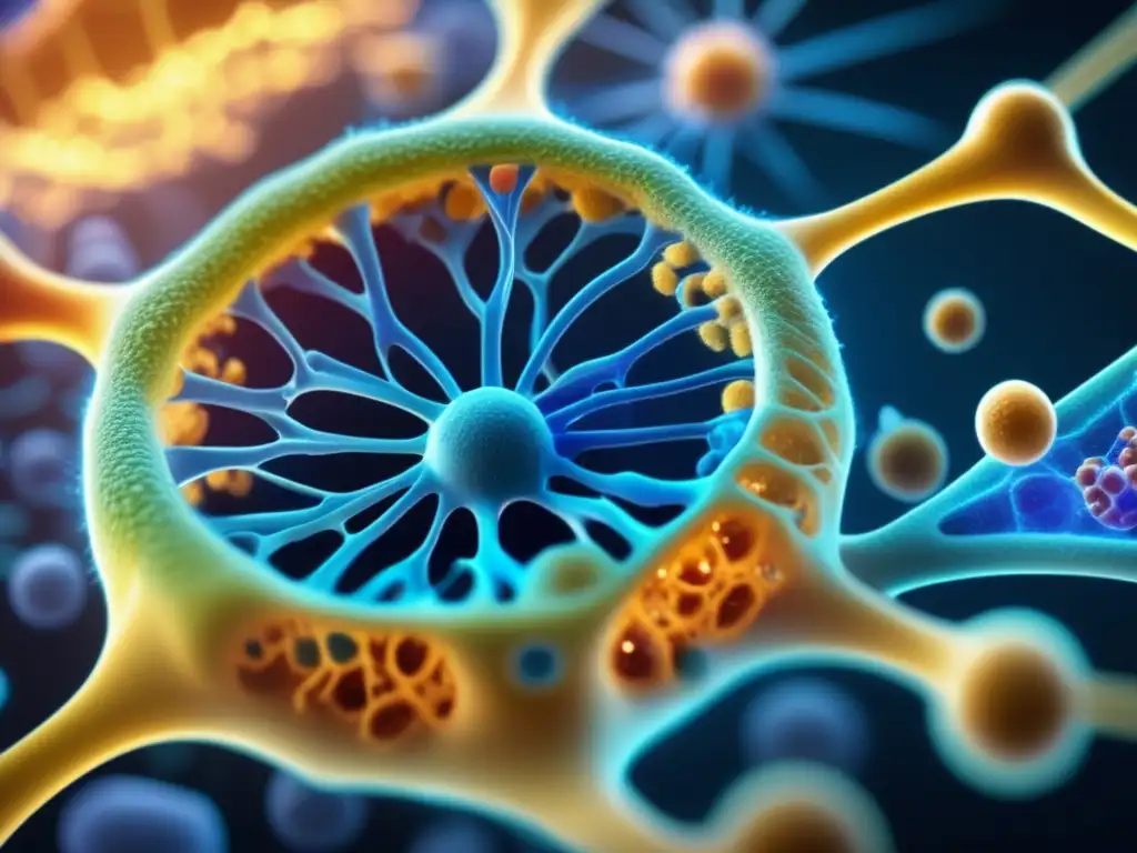 Una imagen detallada de una célula en autófagia, resaltando la complejidad y precisión de los mecanismos celulares activados por los miméticos de restricción calórica. Los colores vibrantes transmiten la vanguardia de la investigación científica.